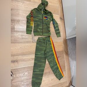 Aviator Nation Green Camouflage Tracksuit with Rainbow Stripes size 10